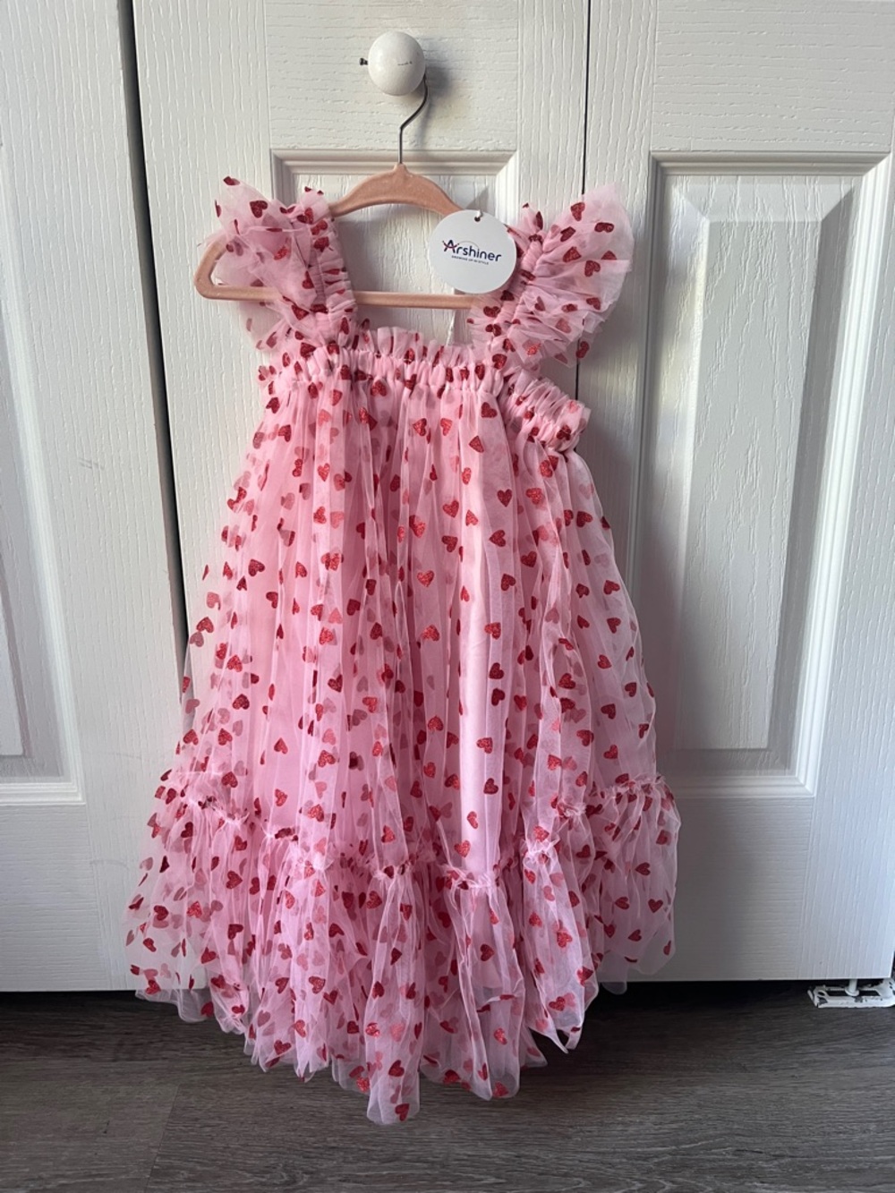 Arshinee Pink Heart Print Ruffle Strap Girls' Casual Dress